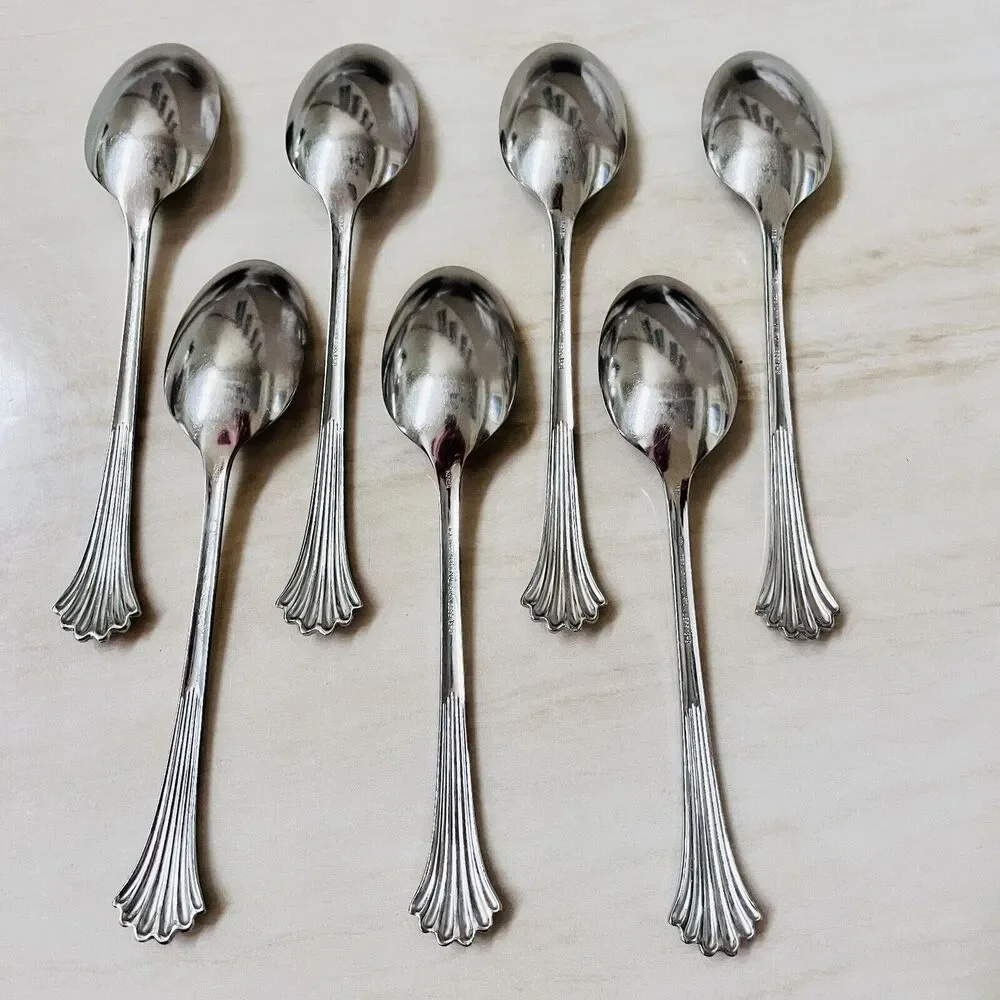 7pc INTERNATIONAL Tiara Soup Spoon Stainless 18/8Fan Ribbed/Ridges Glossy Korea